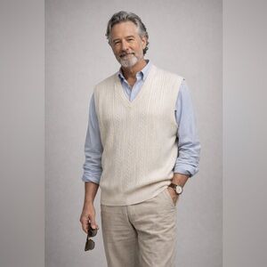 Geoffrey Beene Men’s Cable Knit Sweater Vest Beige XL | Vintage Y2K Preppy Golf